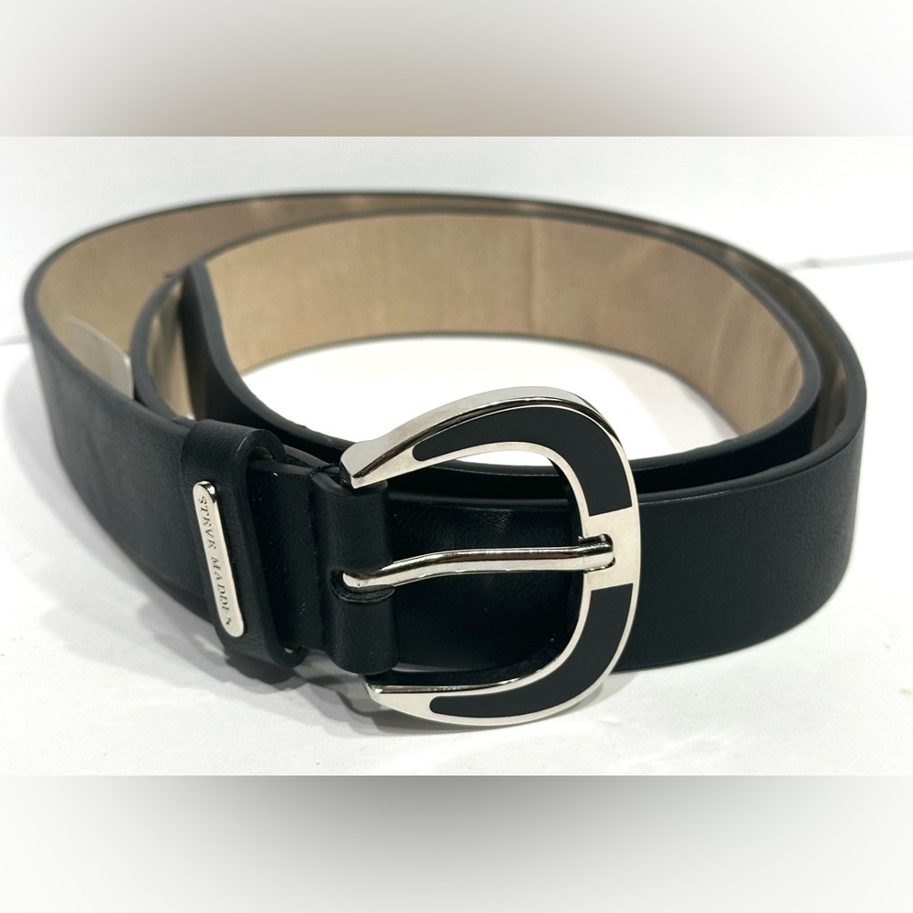 Steve Madden Faux Black Leather Silver/Black Buckle Belt Women Medium